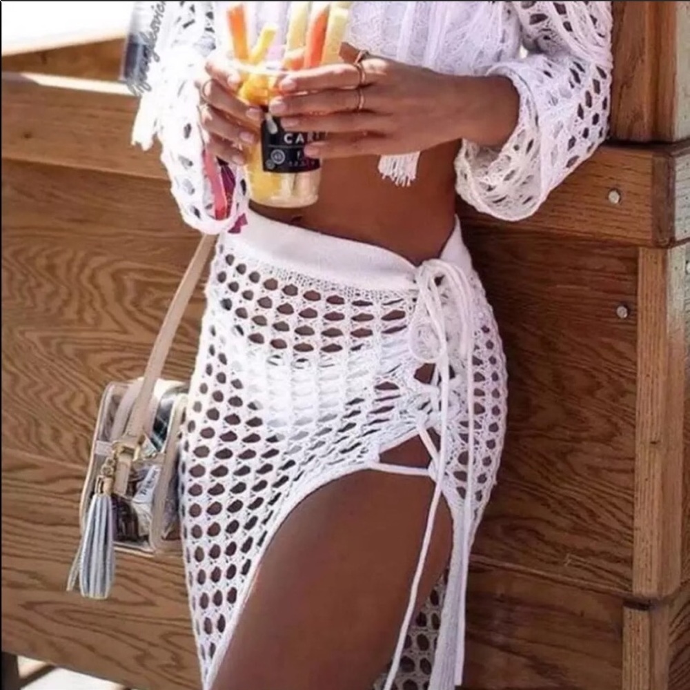 White Fringe Crochet Boho Beach Skirt Coverup - Picture 4 of 8